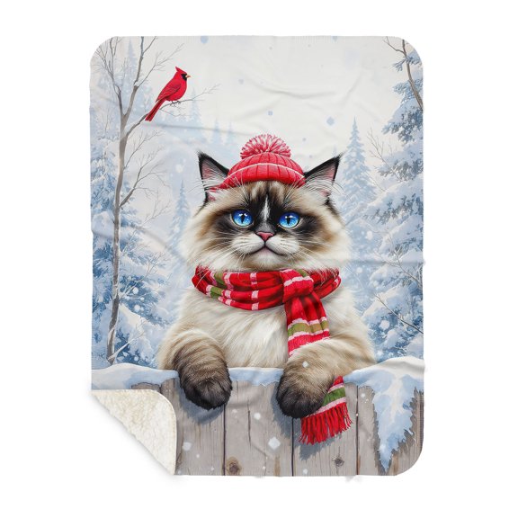 Playful Ragdoll Welcomes Winter Snowy Day with Cardinal Bird Cozy Sherpa Blanket Cat Lover Kitten Owner Gifts Idea Warm Soft Throw Blanket - 2017