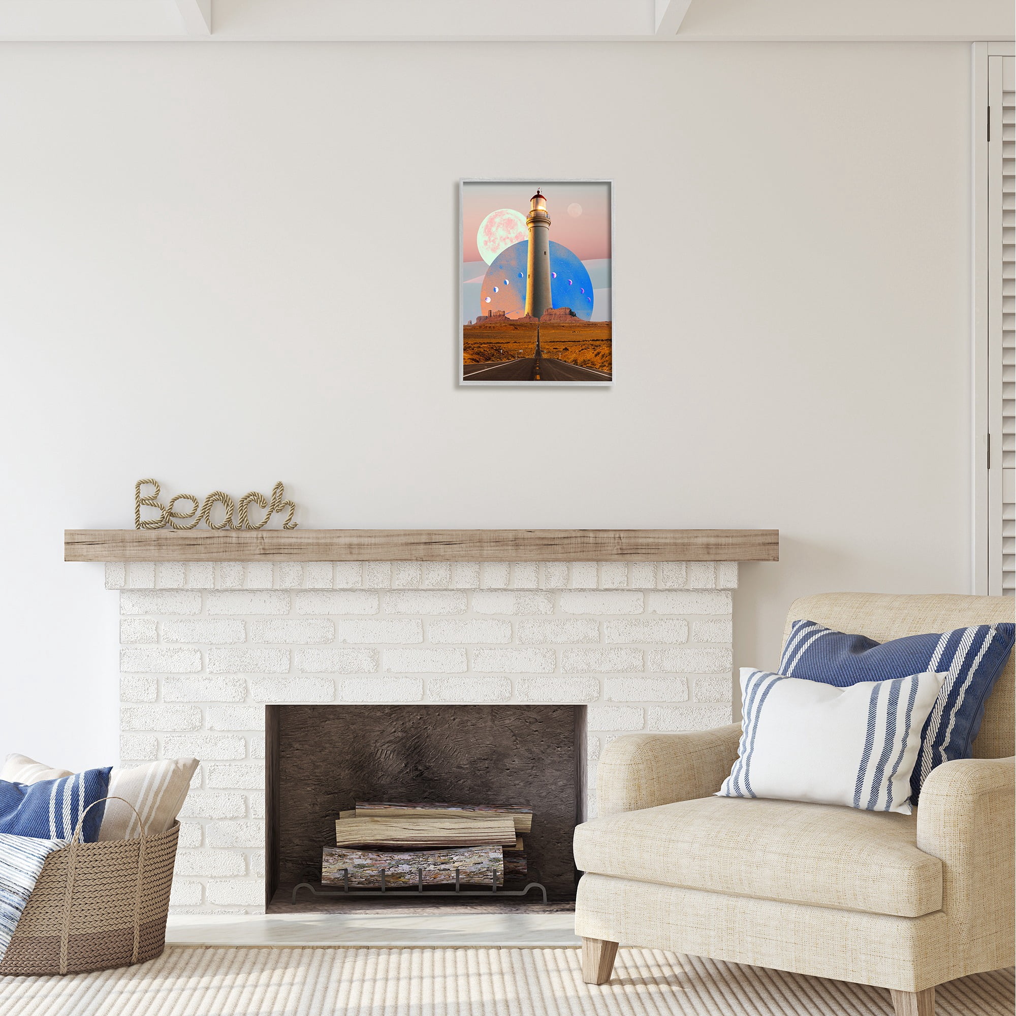 Stupell Industries Surreal Lighthouse in Desert Landscape Painting Gray Framed Art Print Wall Art, 16 x 20