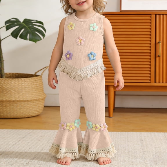 BRGZLK Toddler Baby Girls Outfit Summer 2026 Cute 3D Crochet Floral Waffle Tassel Tops and Flare Pants Trendy Comfortable Clothes Beige 9-12M