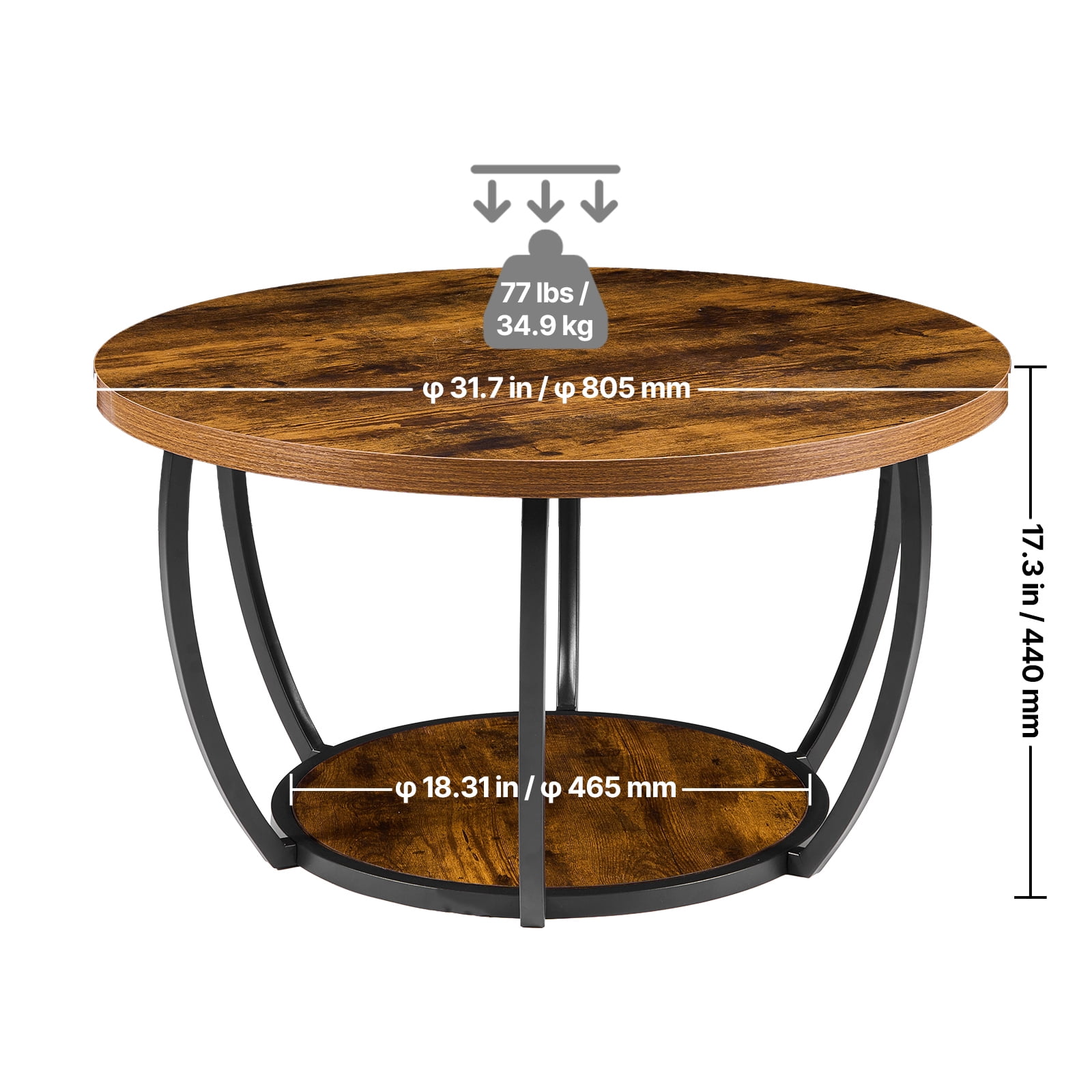 KFFKFF Round Coffee Table, Modern 2-Tier Wooden Center Table with Open Storage, Minimalist Metal Frame Design for Living Room or Office, Easy to Assemble, Rustic Brown Finish