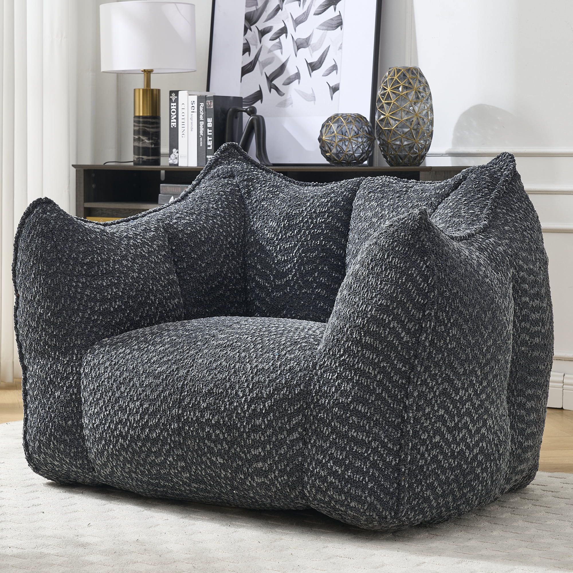 Newest Bean Bags Chairs for Adults, Large Comfy Corduroy Beanbag Couch with Armrests Shell-Shaped Lazy Floor Sofa for Living Room, Bedroom, Gaming, Reading, Grey
