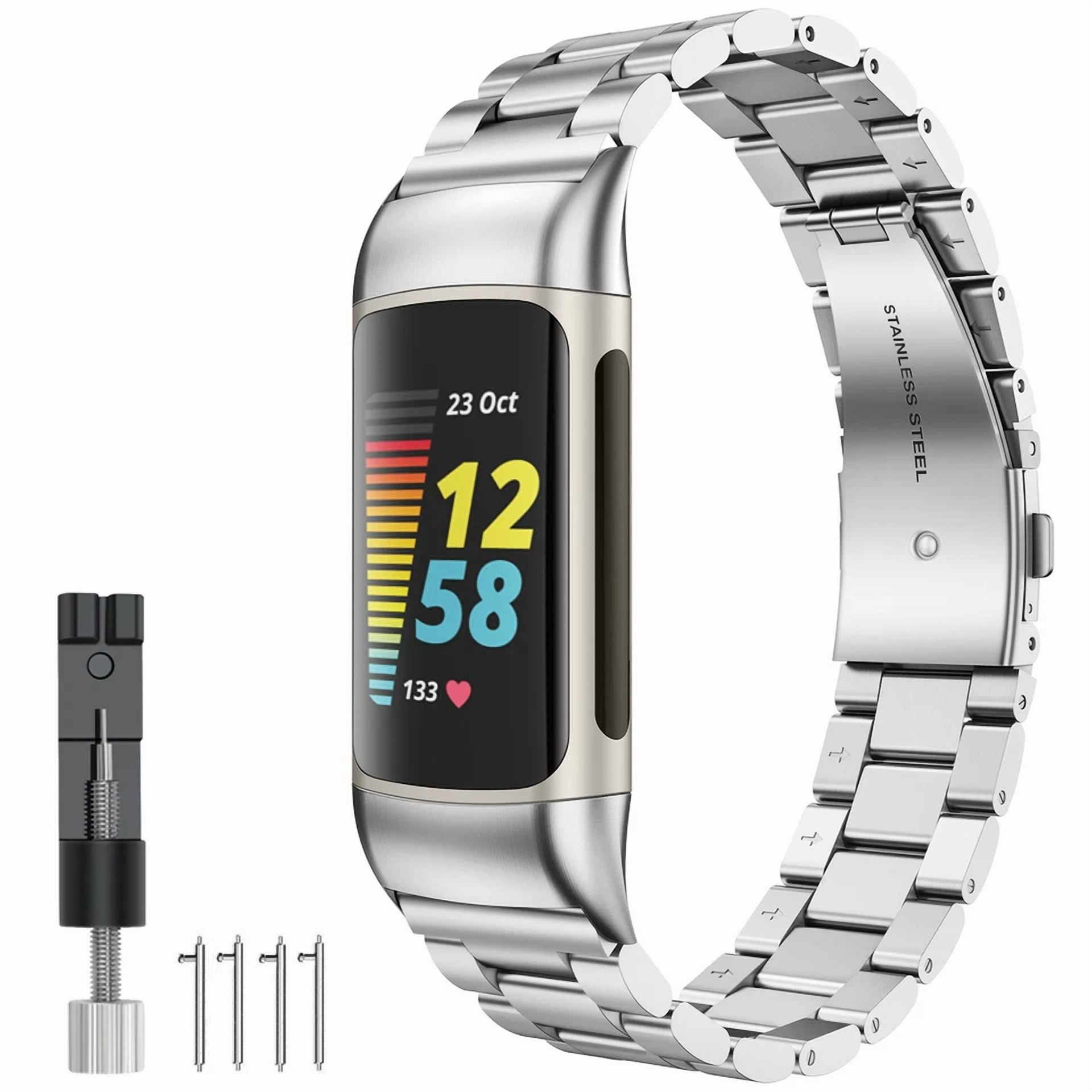 BRAWN- For Fitbit Charge 5 Watch Band Solid Stainless Steel Strap Replacement Wristband