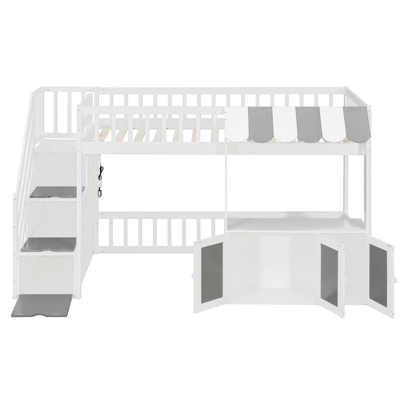 Twin Size Playhouse Kids Loft Bed with Eaves Design, Wood Child Bed Frame with Storage Staircase, LED Light & Under Bed Cabinets