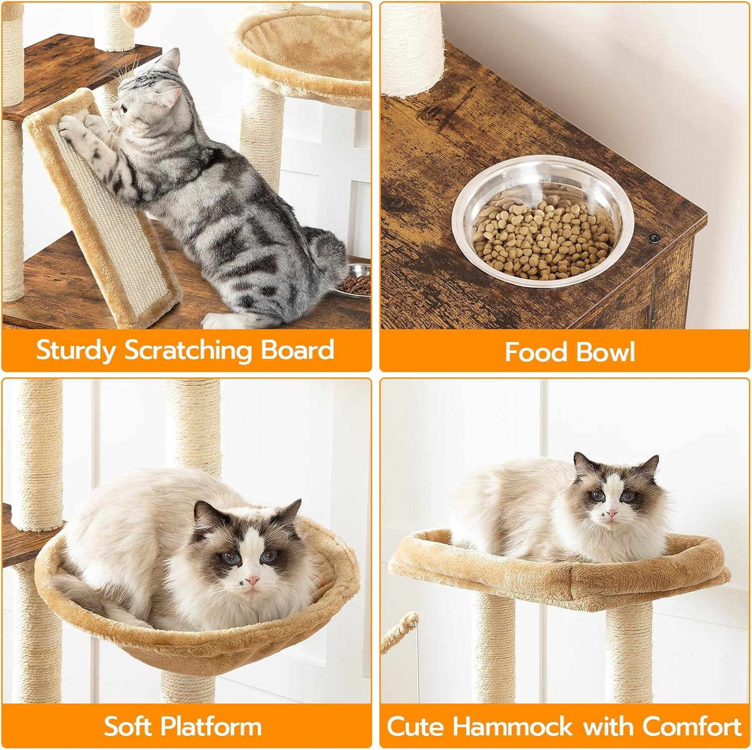 Cat Tree with Litter Box Enclosure, 44" Tall Wooden Cat Tower with Scratching Posts, Cat Hammock, Hidden Litter Box Furniture, All-in-One Indoor Cat Condo, Rustic Brown FG48MZ03
