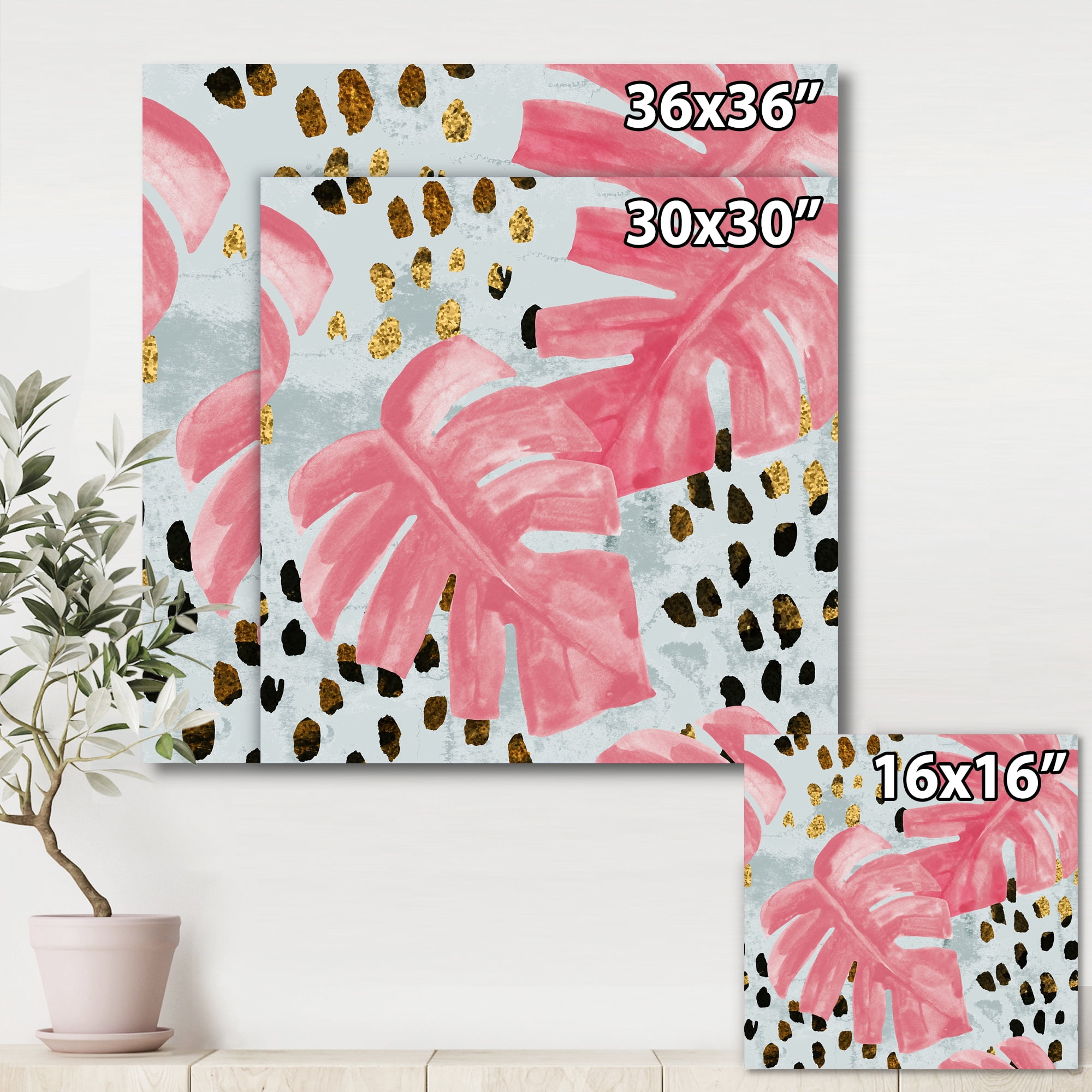 Designart ' Rough Brush Strokes Pink Colored Monstera II ' Tropical Canvas Wall Art Print