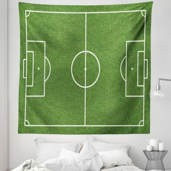Teen Room Tapestry, Soccer Field Grass Motif Stadium Game Match Winner Champion Sports Area, Fabric Wall Hanging Decor for Bedroom Living Room Dorm, 5 Sizes, Fern Green White, by Ambesonne