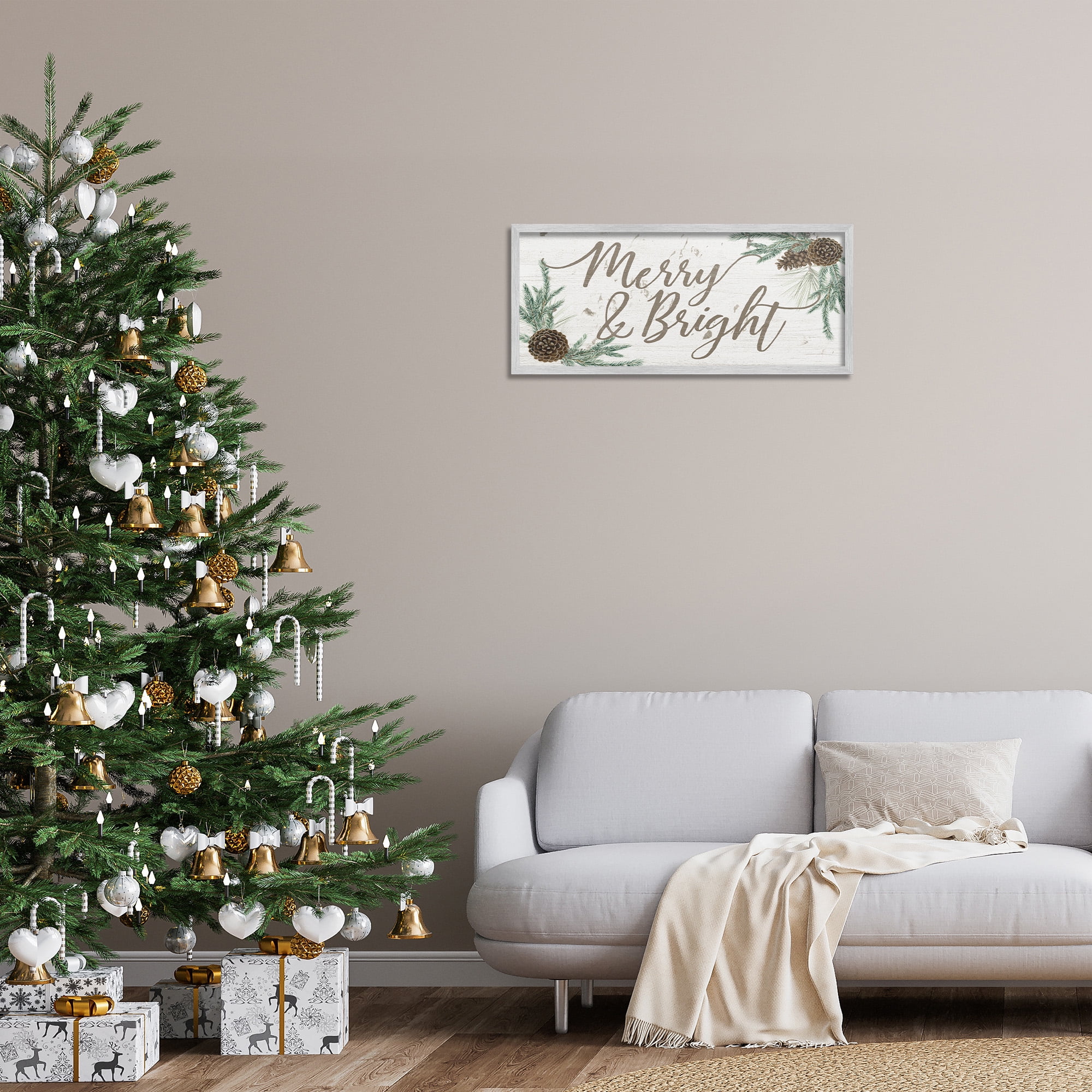 Stupell Industries Merry & Bright Festive Winter Holiday Painting Gray Framed Art Print Wall Art, 30 x 13