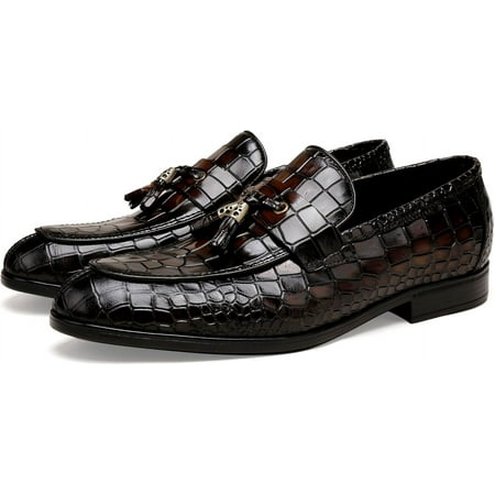 GOLDEN COXES FAMILY Leather Tassels Shoes for Mens  Classic Alligator Printed Slip On Tassels Loafers Business Shoes Wedding Dress Loafers for Men