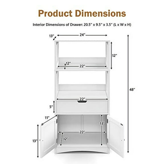 GLACER Large Bathroom Floor Cabinet, Freestanding Multipurpose Storage Cabinet with Drawer, 2 Open Shelves and Door Cupboard for Bathroom, Kitchen or Living Room, 24 x 13 x 48 inches (White)