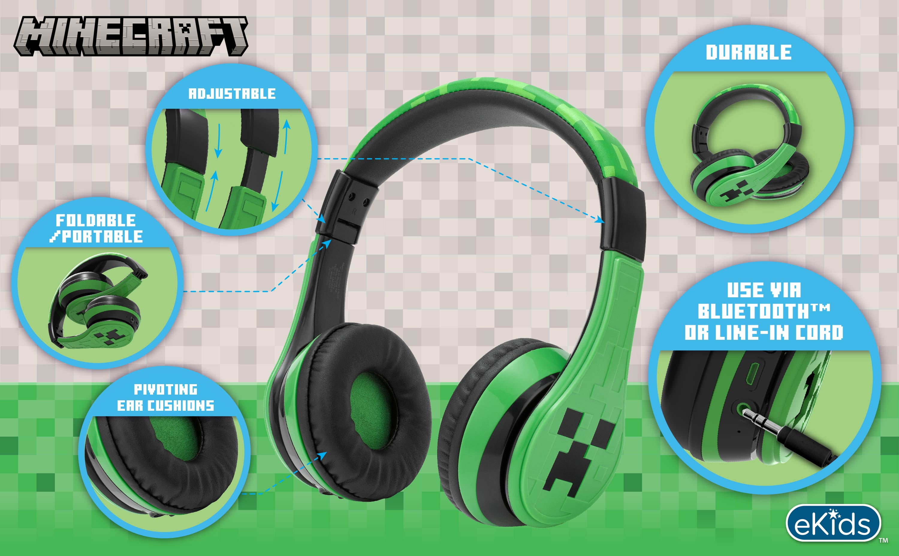 eKids Minecraft Kids Bluetooth Headphones, Wireless Headphones with Microphone Includes Aux Cord