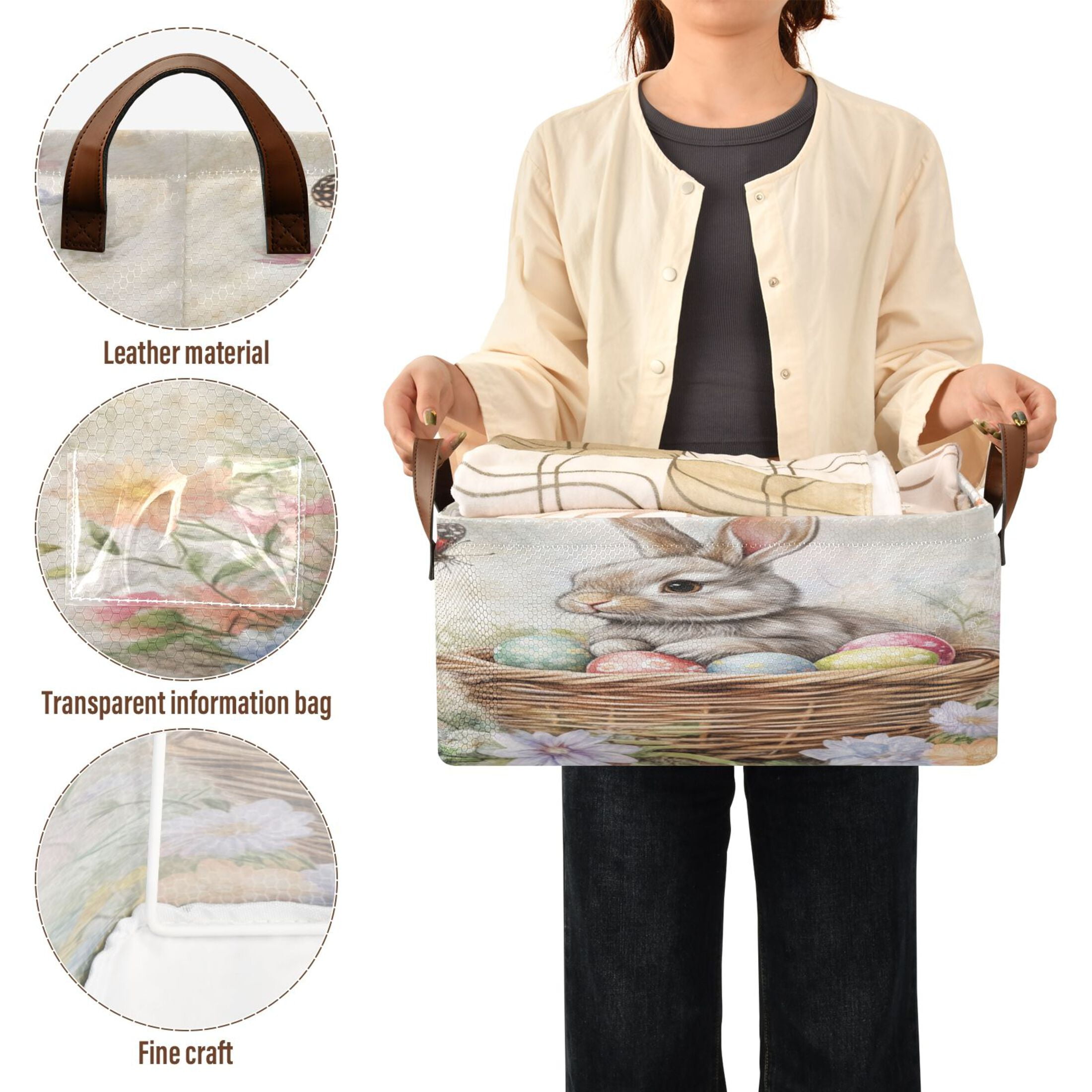 Wobogo Gray Easter Rabbit Storage Basket Soccer Plaid Fabric Oversized Collapsible Hoard Box with Metal Iron Frame 16.9×11.4×7.7in