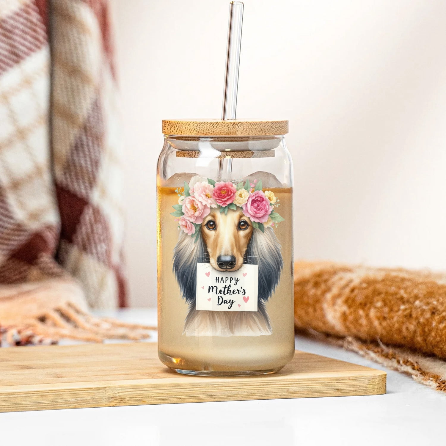 Happy Mother's Day Afghan Hound with Flower Crown and Greeting Card 16oz Glass Cup Mug Dog Lover Glass Can with Bamboo Lid and Straw - 13004