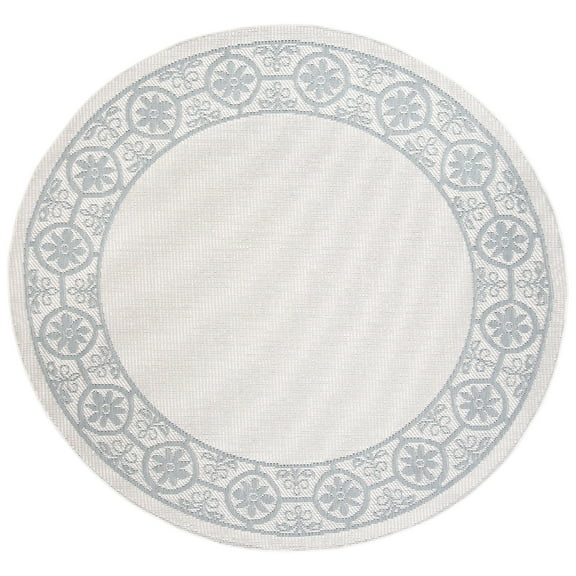 SAFAVIEH Machine Washable Rug Indoor/Outdoor Bermuda Collection - Bermuda Zoey Floral Bordered Indoor/Outdoor Area Rug Ivory/Light Blue, 6'7" x 6'7" Round