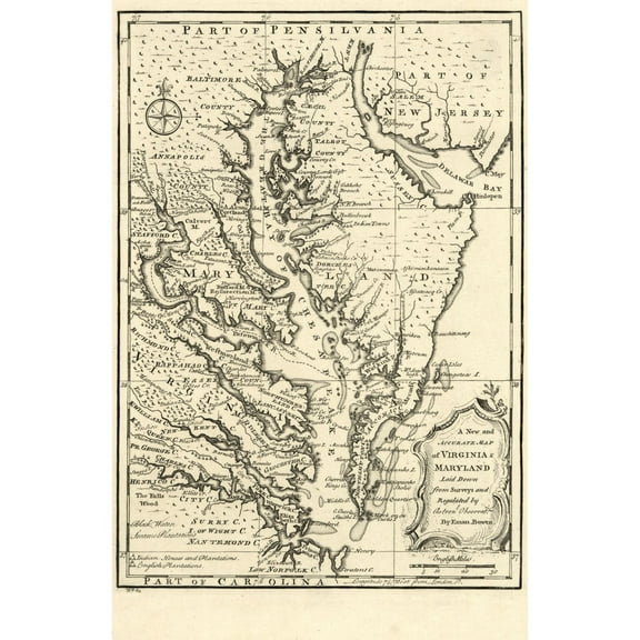 Historic State Map - Virginia Maryland - Bowen 1752 - 23 x 35.42 - Vintage Wall Art