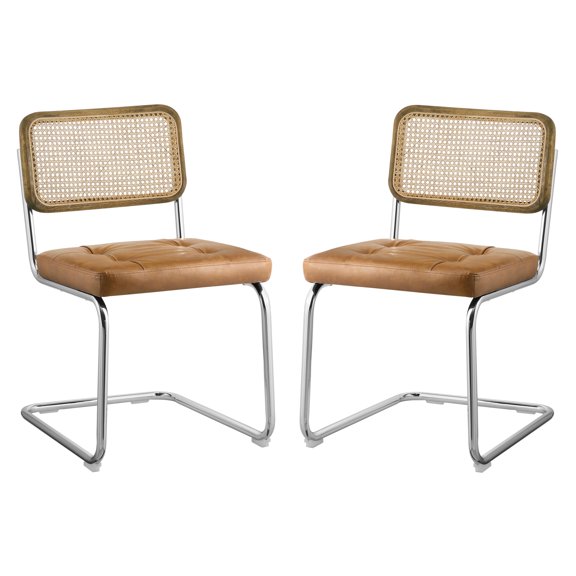 Art Leon Mid‑Century Modern Tufted PU Dining Side Chair, Oak Wood Trim Wicker Rattan Back Chrome Cantilever Frame Set of 2, Yellow