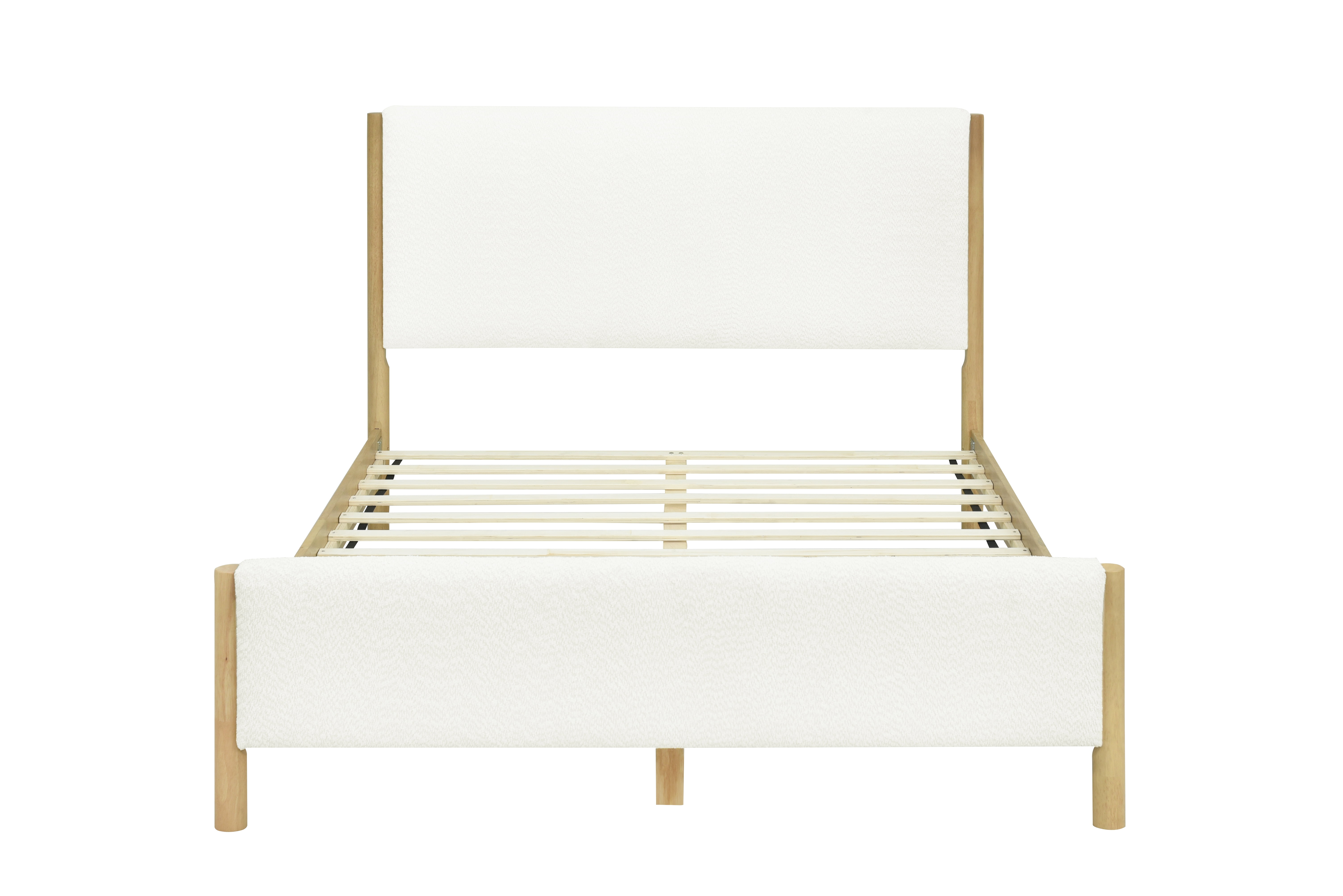 Bed Frames Modern White Boucle Upholstered Bed with Rubberwood Legs, Queen, White,Adjustable Bed Base