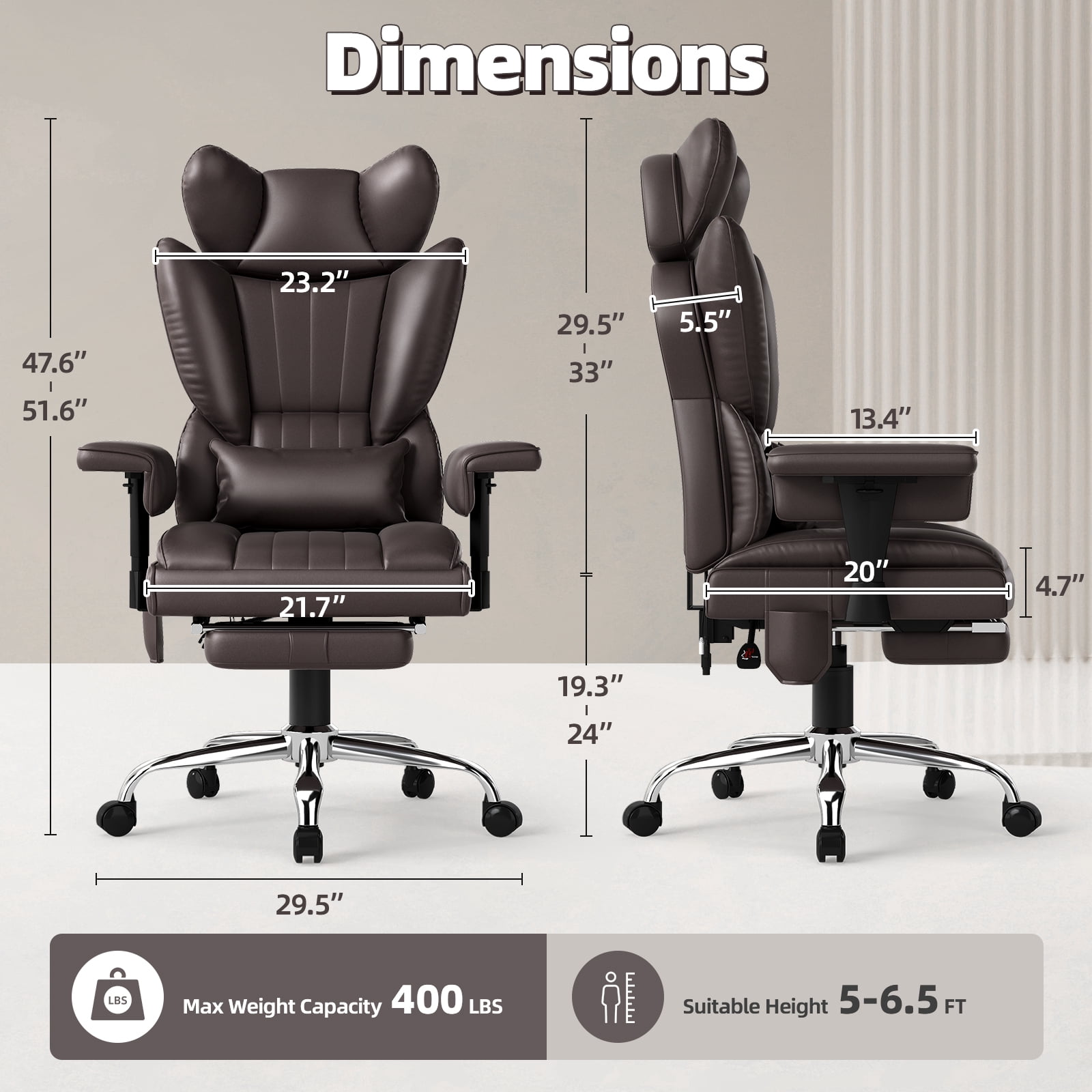 Massage Heated Office Chair with Foot Rest - 6 Points Vibration 400LBS Executive Office Chair with Adjustable Headrest, Armrest and Lumbar Pillow, Comfy Leather Desk Chair for Home Office, Brown