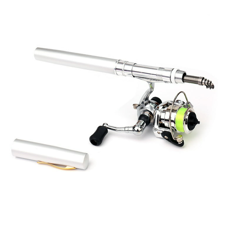 Biplut 1.6m Pen Shape Telescopic Mini Fishing Pole Rod with Metal Spinning  Reel Wheel (Black) 