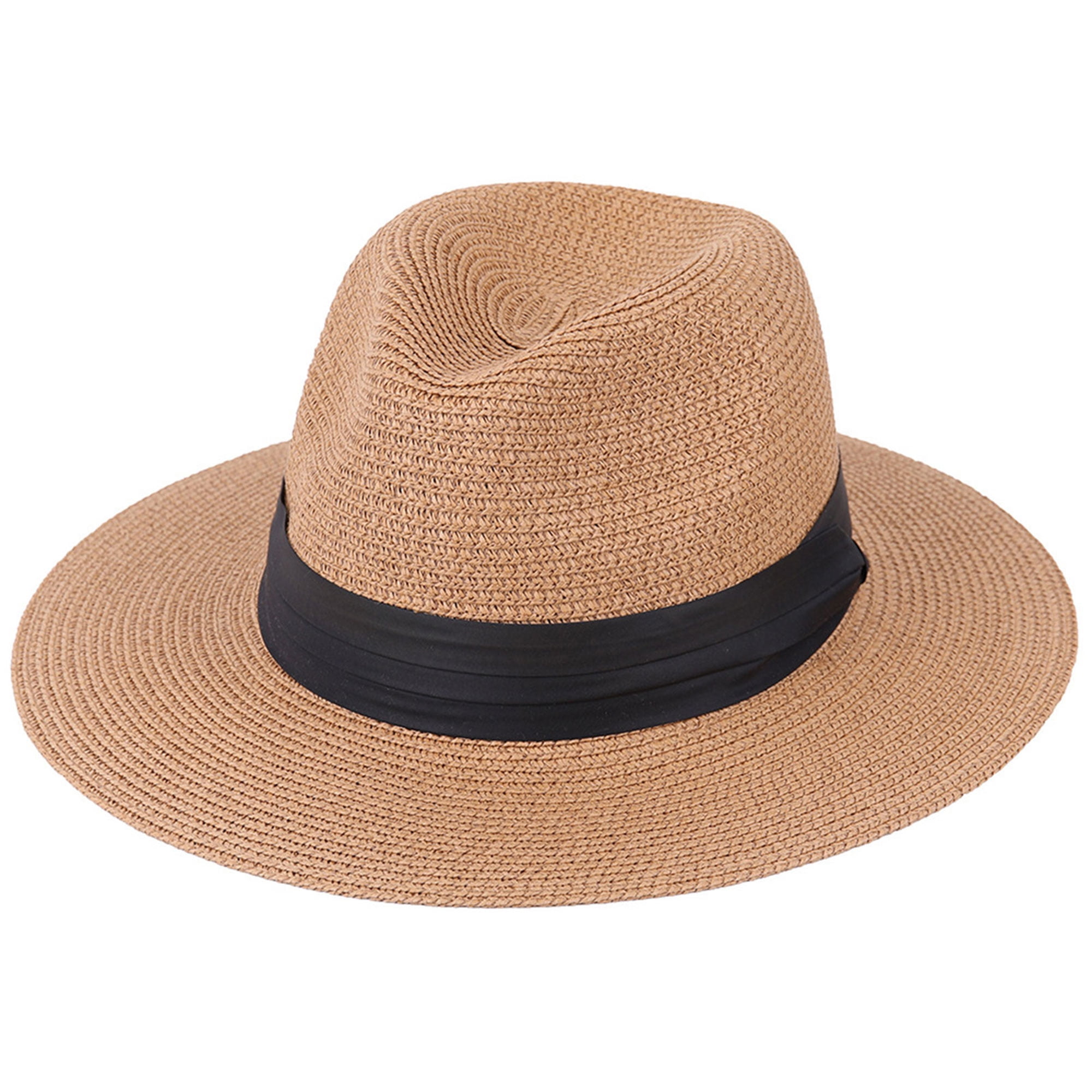 Mens Women Beach Sun Straw Hat Panama Fedora Summer Flat Brim Hat Big Brim  Band Cap UPF50+ 