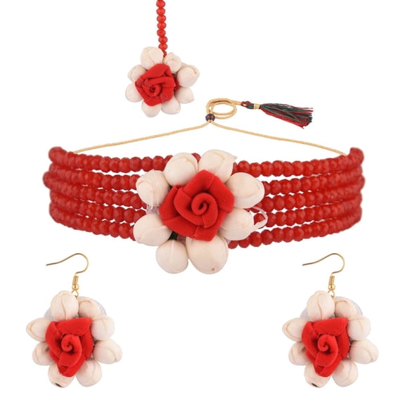 Efulgenz Handmade Floral Red Beaded Faux Pearl Flower Jewelry Set Choker Neckalce with Maang Tikka Earrings Indian Jewelry for Women for Haldi Mehandi Wedding Bridal Shower