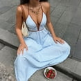 thumbnail image 6 of ClodeEU Women's Deep V Neck Halter Stripe Maxi Dress, Backless Sleeveless Casual Beach Long Dress Blue,Womens Plus S, 6 of 7