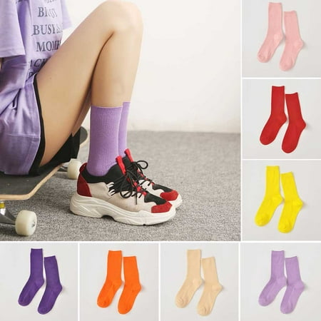 

Farfi Solid Color Vertical Stripe Women Cotton Soft Breathable Casual Tube Socks