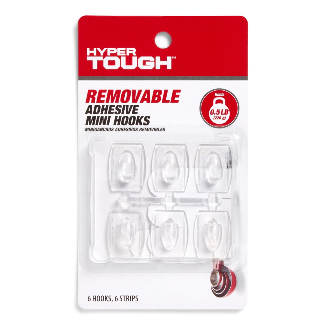 (3 pack) Hyper Tough Mini Removable Self-Adhesive Hooks, Square Plastic Hooks for Hanging Towels and Jackets, with 6 Adhesive Strips, 0.5 lbs Capacity, Clear, 6 Pc