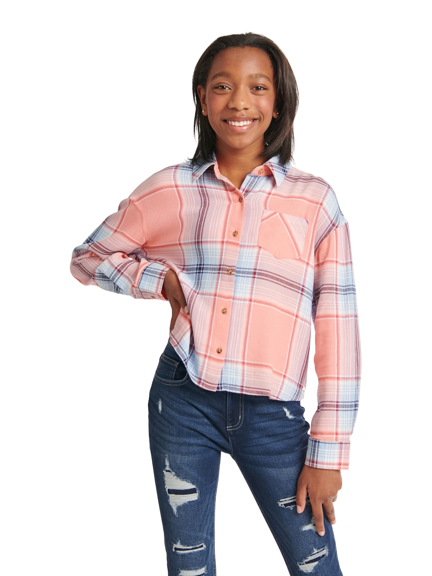 GAZIAR Girls Plaid Shirt Boys Button Down Cotton Long Sleeve Shirt with Pocket 