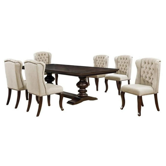 Maklaine Cappuccino Wood 7pc Dining Set with Extendable Table   Beige Chairs