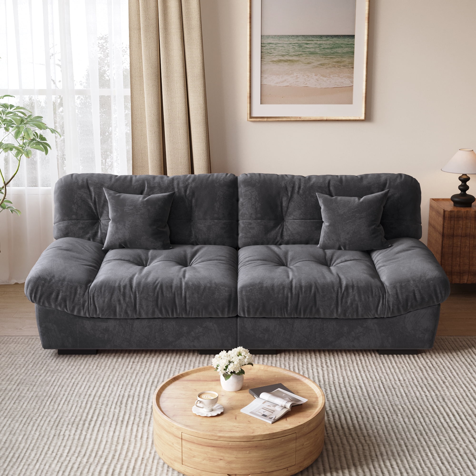 Magic Home 89" Cloud Sofa,Modern Velvet Couch,3-Seat Sofa for Living Room,Apartment and Small Space,Gray
