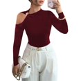 thumbnail image 1 of Camiseta Elegante Asimétrica con Cuello Alto, Hombros Descubiertos y Decoración Metálica para Mujer, Camisas Fruncidas de Larga Vino Tinto M, 1 of 8