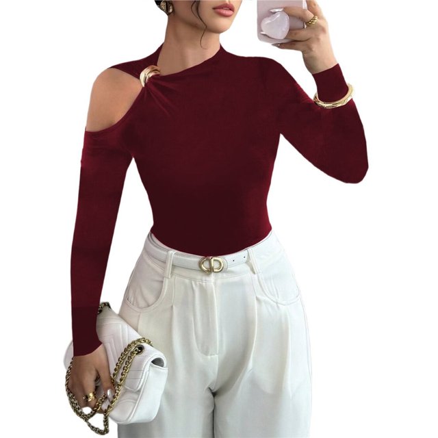 Camiseta Elegante Asimétrica con Cuello Alto, Hombros Descubiertos y Decoración Metálica para Mujer, Camisas Fruncidas de Larga Vino Tinto M