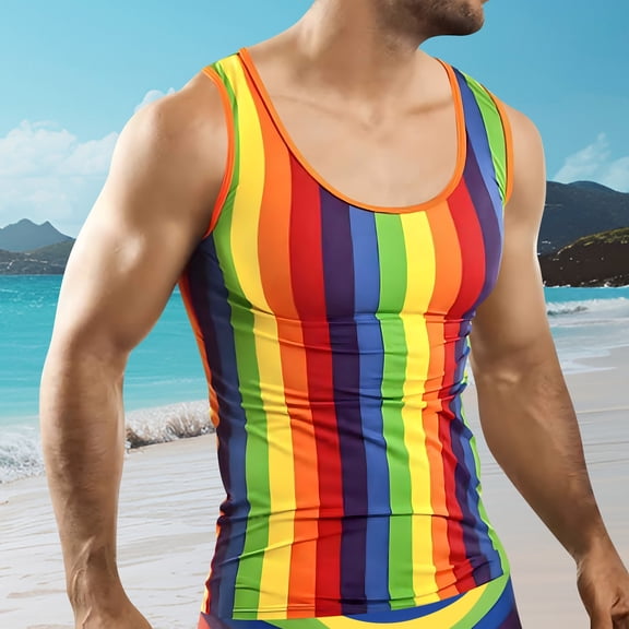 Tank Tops Men, Rainbow Pattern Print Men's Tank Top,Sleeveless Shirts for Men,Perfect for Workout and Casual Wear