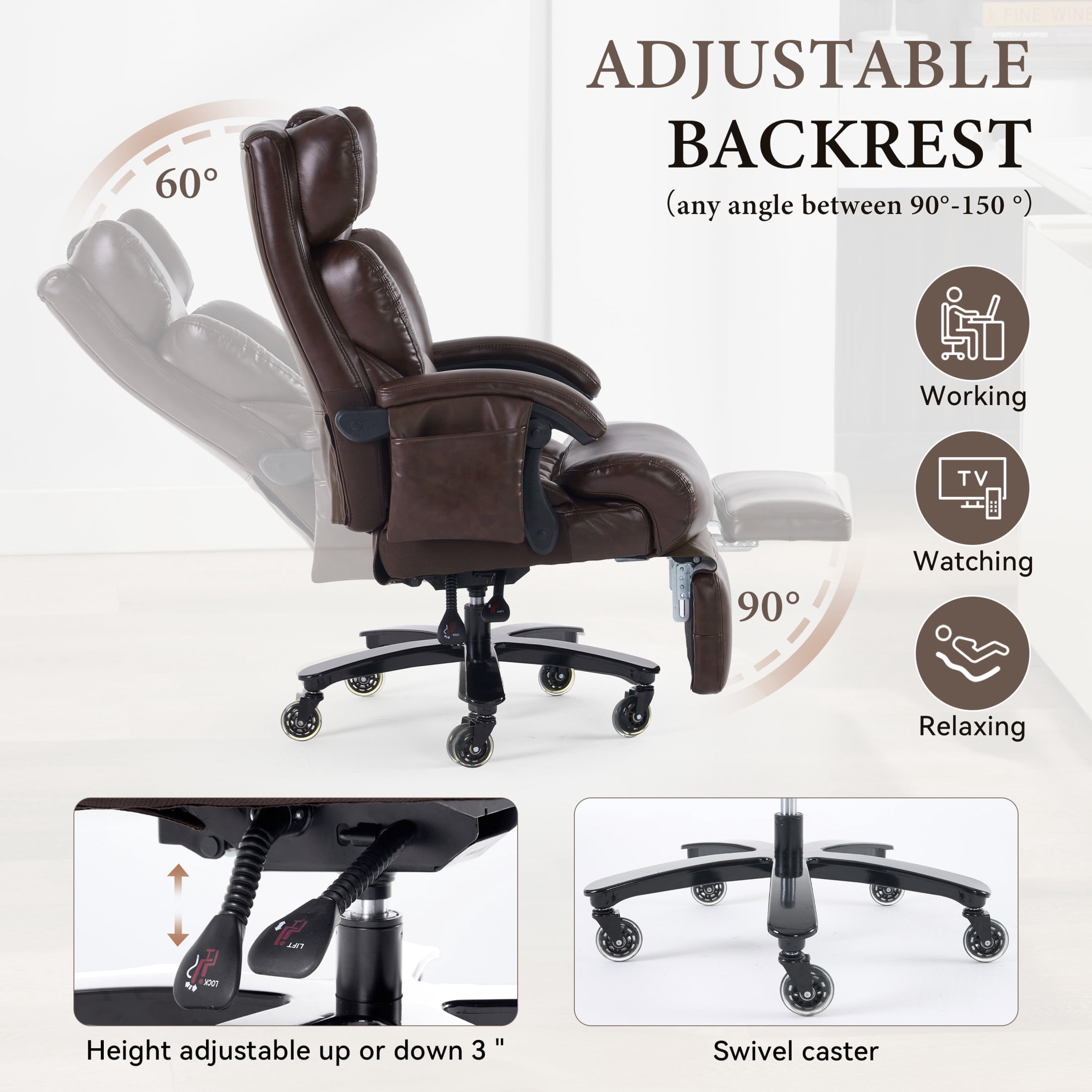 Noble House Cressi Tall Office Chair, High Back Computer Desk Chair with Swivel Base And Universal Wheels, Brown