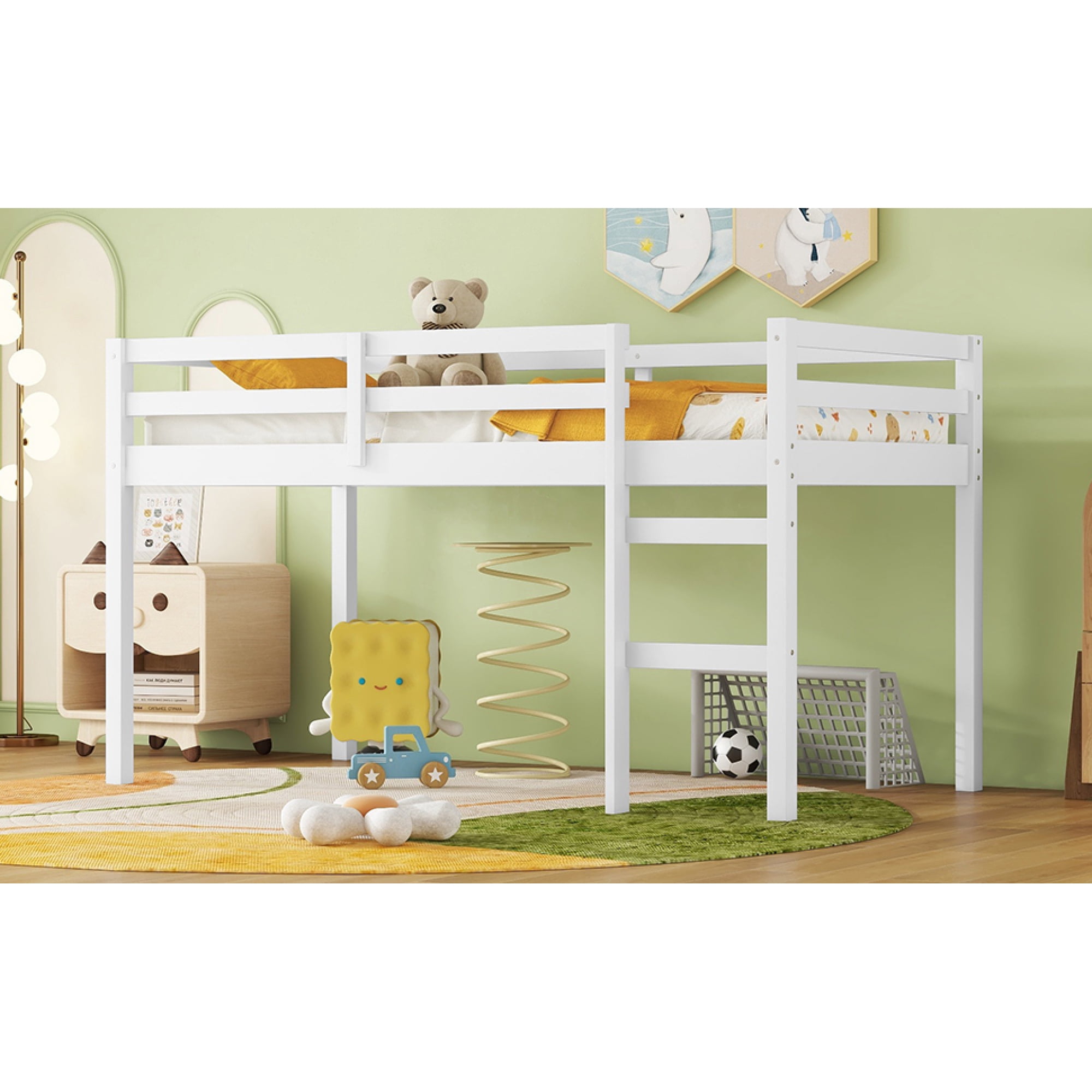 Leumius Twin Loft Bed with Ladder, Bed Platform of Strengthened Slats Solid Wooden Bed for Boys Girls White