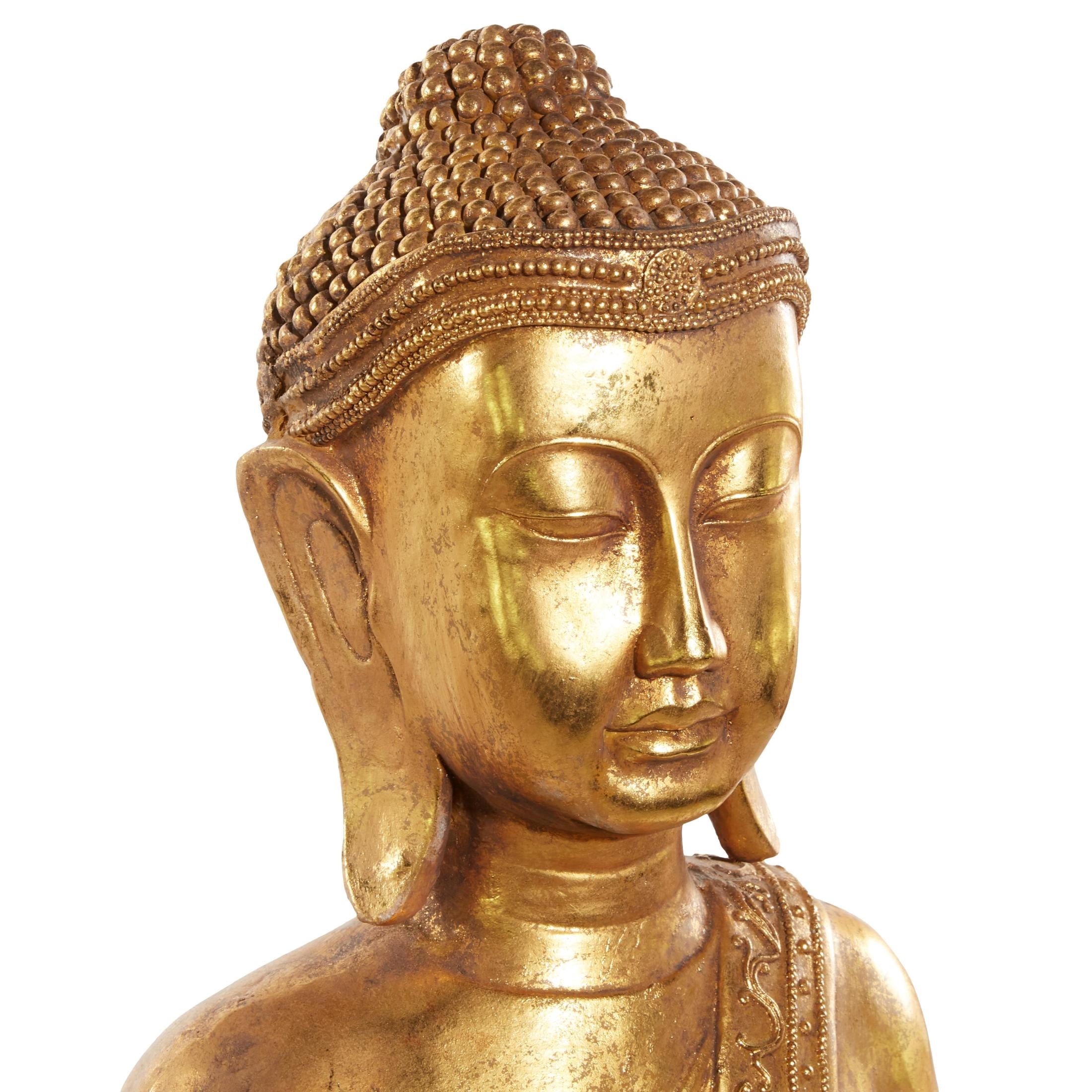 16" x 54" Gold Polystone Standing Floor Buddha Sculpture with Engraved Carvings and Relief Detailing, by DecMode