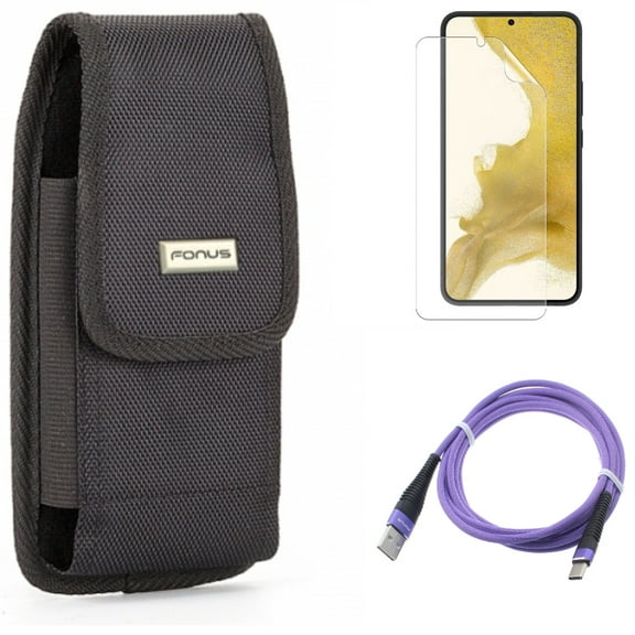 Matte Screen Protector & Case Belt Clip & 6ft USB Cable for Samsung Galaxy S22 (6.1") - TPU Film Anti-Glare & Swivel Holster & Purple Type-C Accessory Bundle