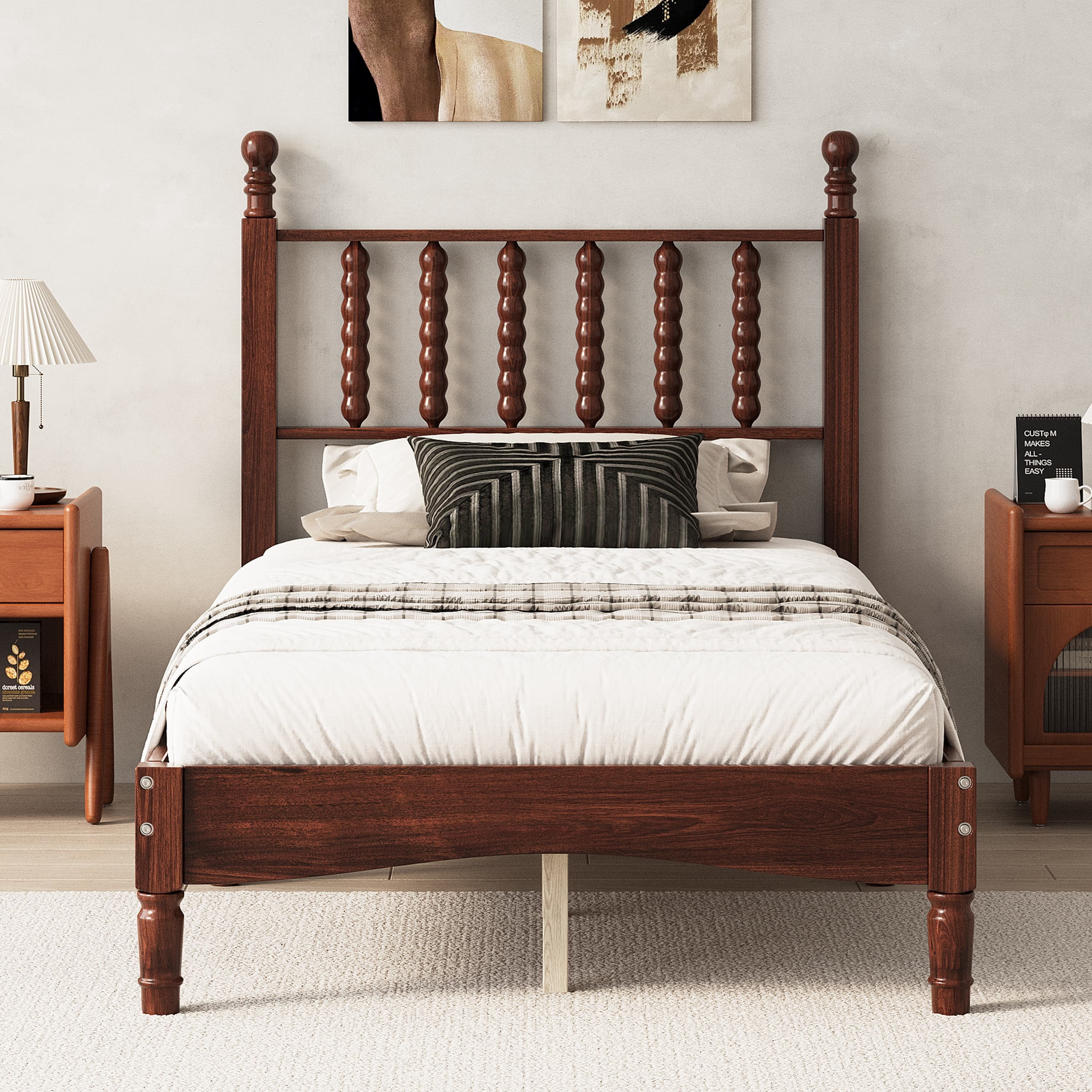 Euroco Wood Twin Size Platform Bed, Retro Style Bed Frame with Gourd Shaped Headboard, Walnut