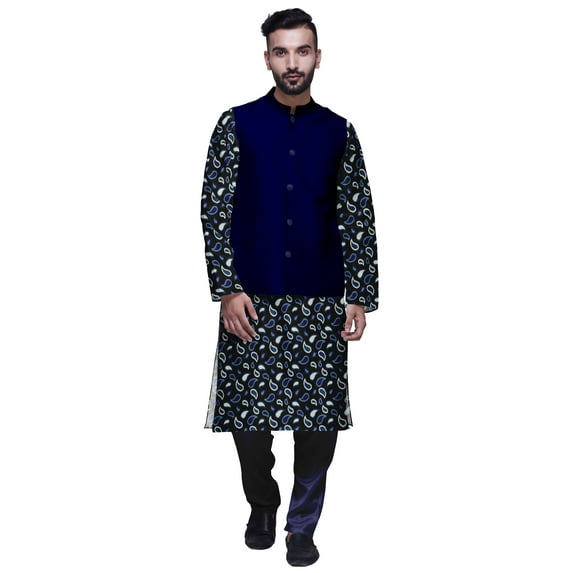 Atasi Printed Kurta With Solid Pajama & Nehru Jacket Set For Mens Party Wear