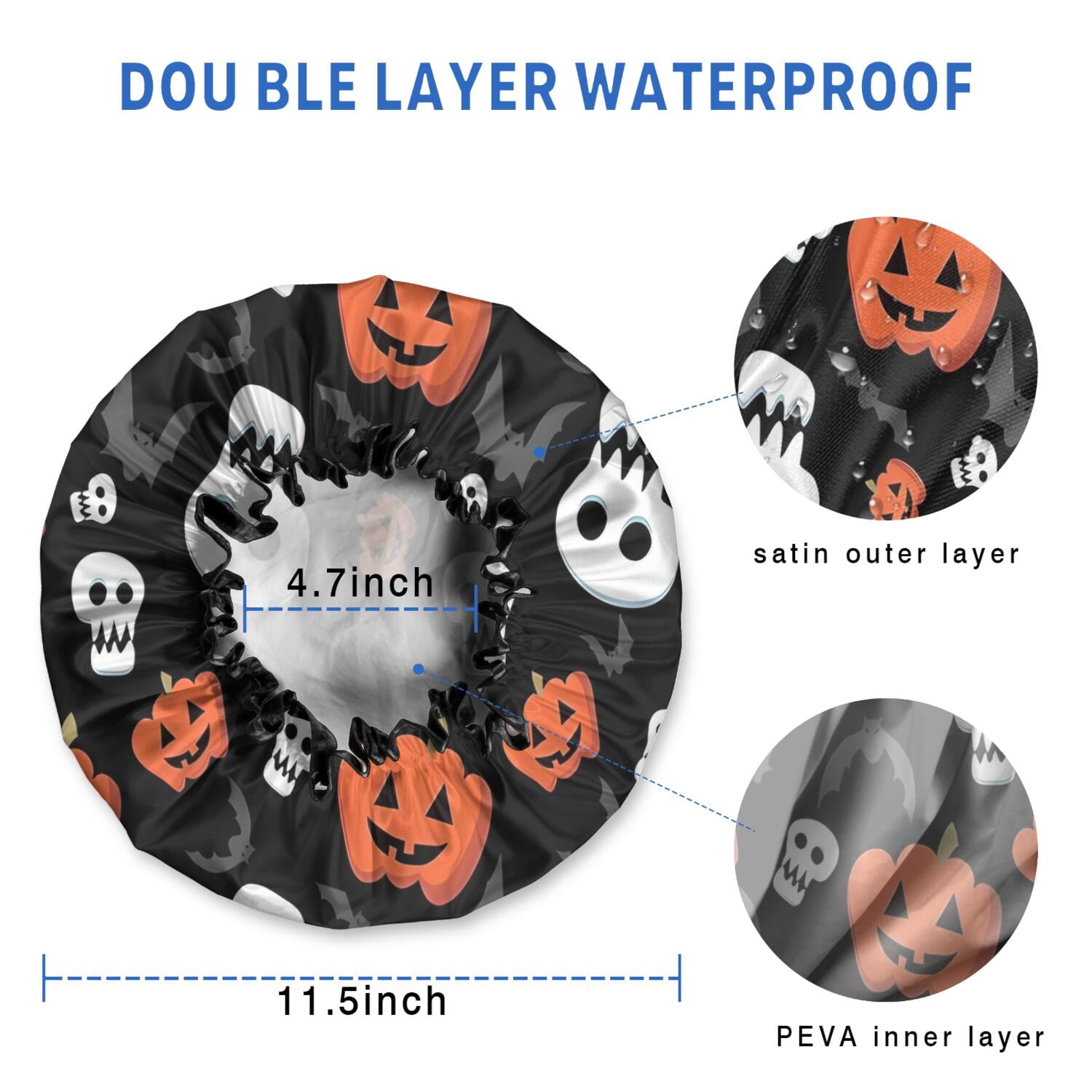 Shower Caps,Black Halloween Pumpkin Faces Waterproof Shower Cap for Women 4 Pieces,Double Reusable Hair Cover for Shower PEVA Elastic Stretch Hem
