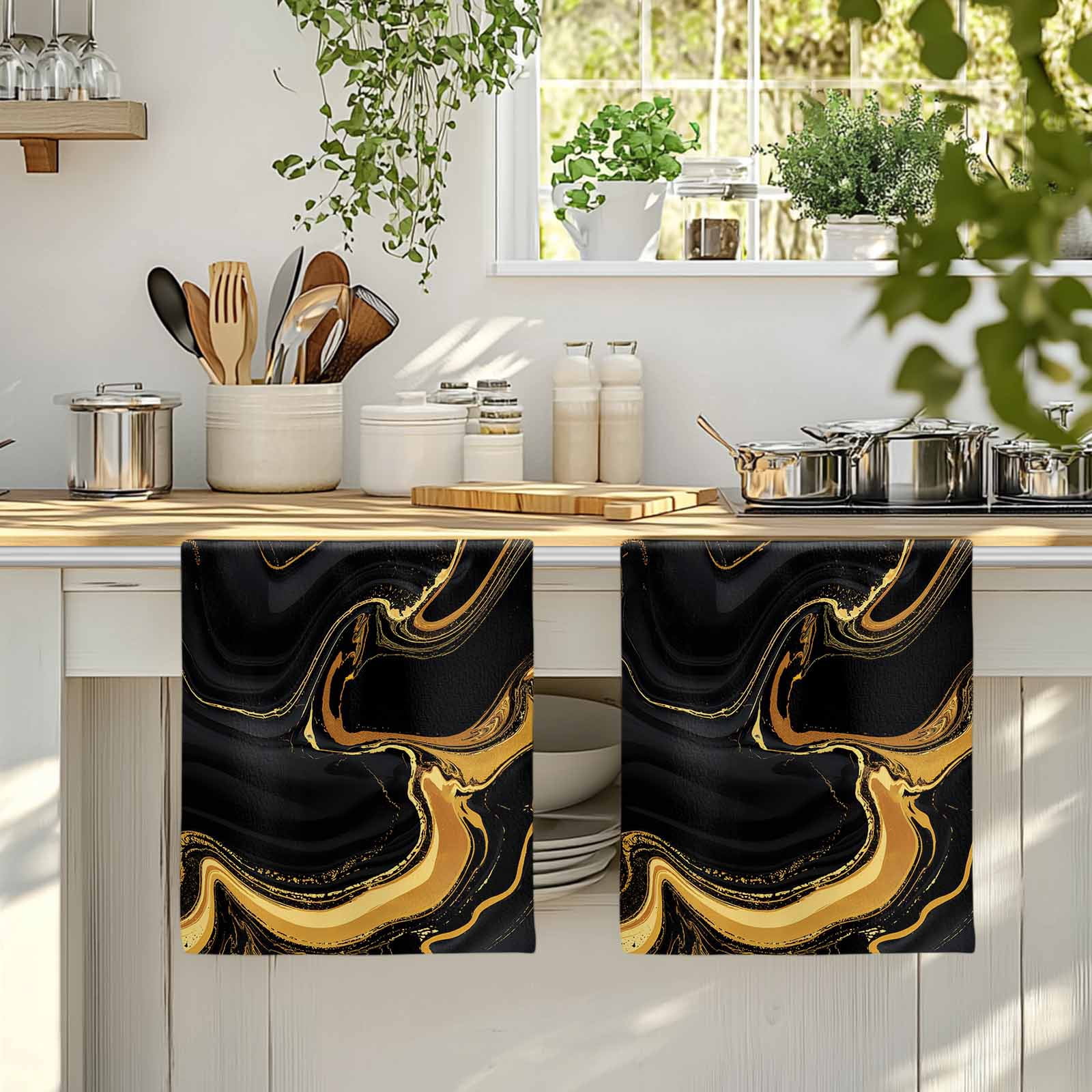 Marble Black Kitchen Towels Set of 3, Vintage Gold Art Abstract Farmhouse Soft Microfiber Dish Towels, Absorbent Quick-Dry Washable Dishcloths for Kitchen Cleaning, Drying Dishes, 18x28 Inches