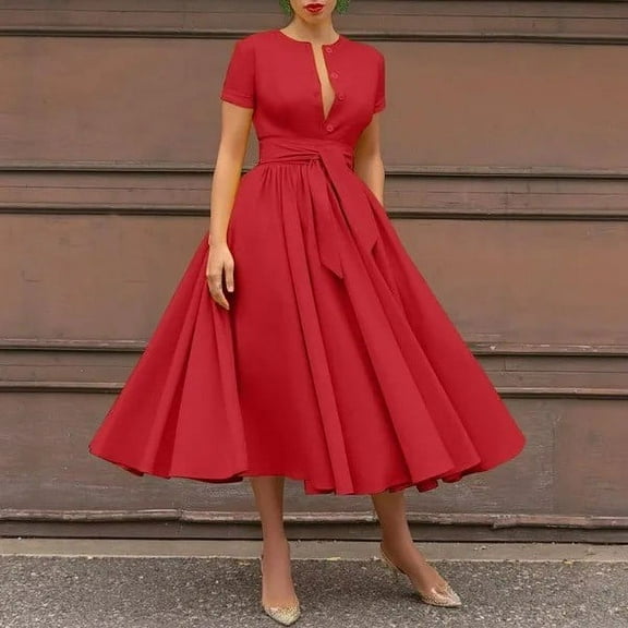 POTETI Dresses for Women 2023 Casual Red Party Dress Summer Crew Neck Solid Color Wrinkle Dress Boho Long Dress
