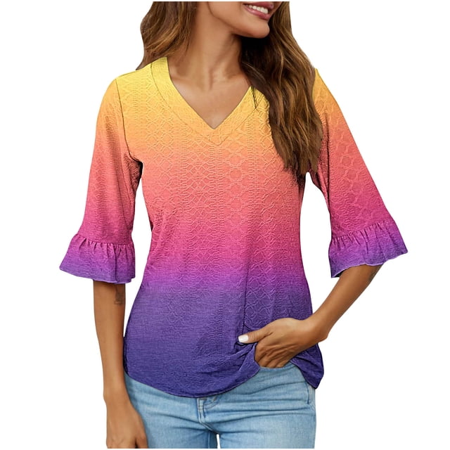 UNITWRY Summer Tops For Women Half-Sleeve V-Neck Blouse T-Shirt Gradient Ruffled Sleeve Tunic Top