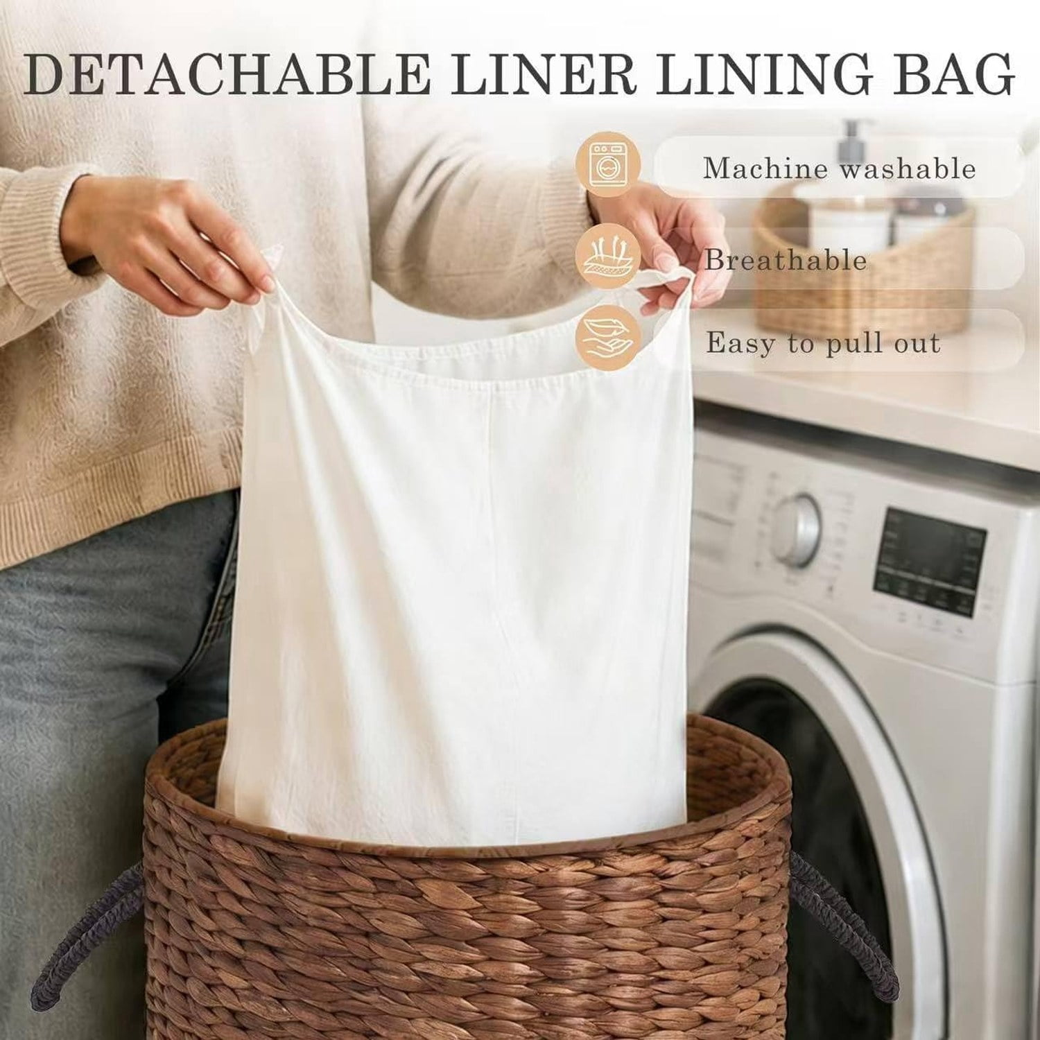 Round Laundry Hamper with Lid, Woven Natural Water Hyacinth, 17.52 in Diameter x 20.87 in Height