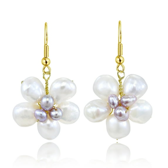Vintage White Freshwater Pearls Flower Gold Over .925 Silver Dangle Earrings
