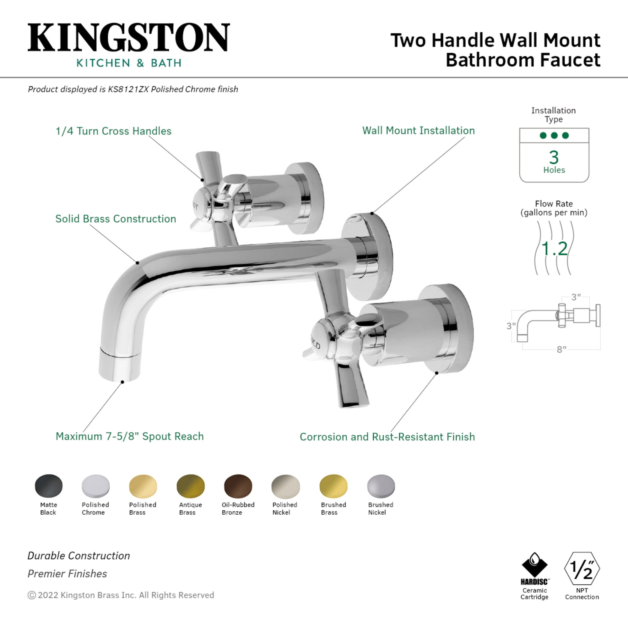 Kingston Brass KS8125ZX Millennium Double-Handle 3-Hole Wall Mount Bathroom Faucet in Oil Rubbed Bronze