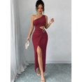 thumbnail image 4 of Women Burgundy One Shoulder Long Dress With Cutout Waist Detail, 4 of 6