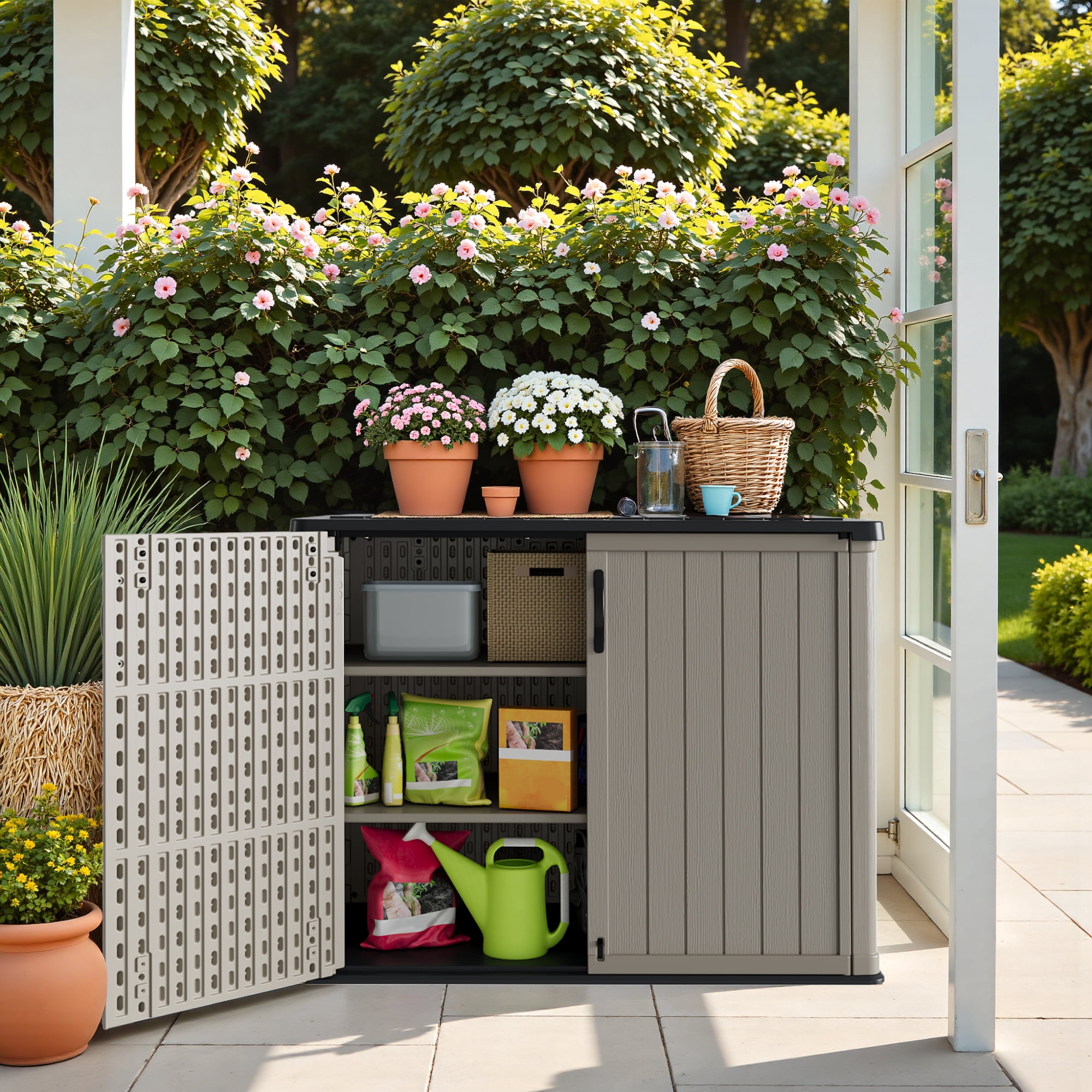 Devoko Outdoor Storage Shed Shelf, 2 Pcs, Adjustable and Weather-Resistant Organizer for Storage Cabinets, Easy Installation, Beige