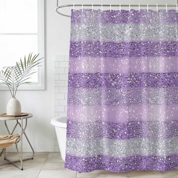Purple Silvery Shower Curtain Set, Waterproof Shower Curtains for Bathroom, Geometric Ombre Stripe Boho Sparkling Dot Washable Fabric Cloth Bath Curtain for Bathtub Decoration with Hooks 66x72 Inches