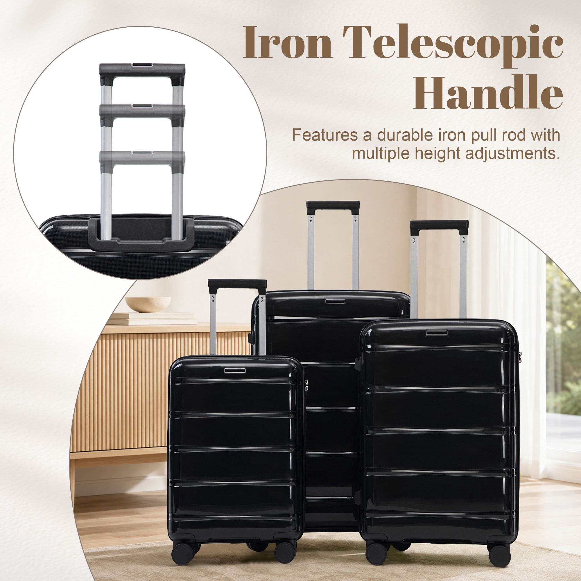 Alvantor 3 Piece Hardshell Luggage Set PP Hardside Suitcase with Iron Telescopic Handle Side Hook 20"24"28"(Black)